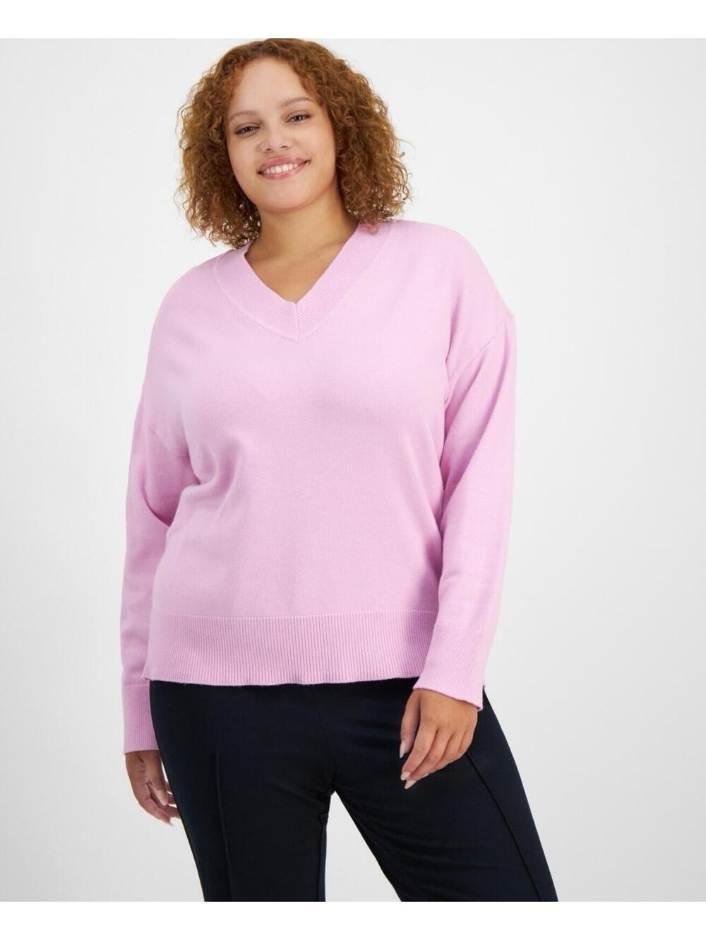 $50 On 34th Trendy Plus Size V-Neck Sweater, Created for Macy's - Pink